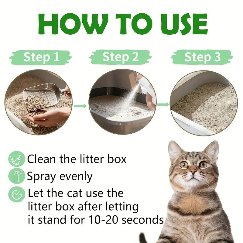 Cat Litter Deodorizing Spray - Multi-Purpose Deodorizer for Cats and Litter Boxes, Powerfully Removes Urine, Feces, and Training Pad Odors, Suitable for Cat Nests, Kitchens, Carpets, and Other Areas, Quickly Eliminates Odors