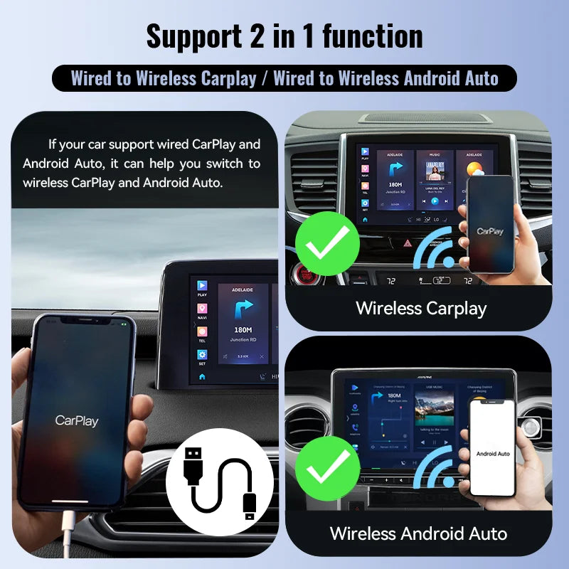 Wired to Wireless CarPlay&Android Auto 2in1 Mini Adapter USB 5GHz WiFi Suitable for 99% of original wired carplay/auto cars