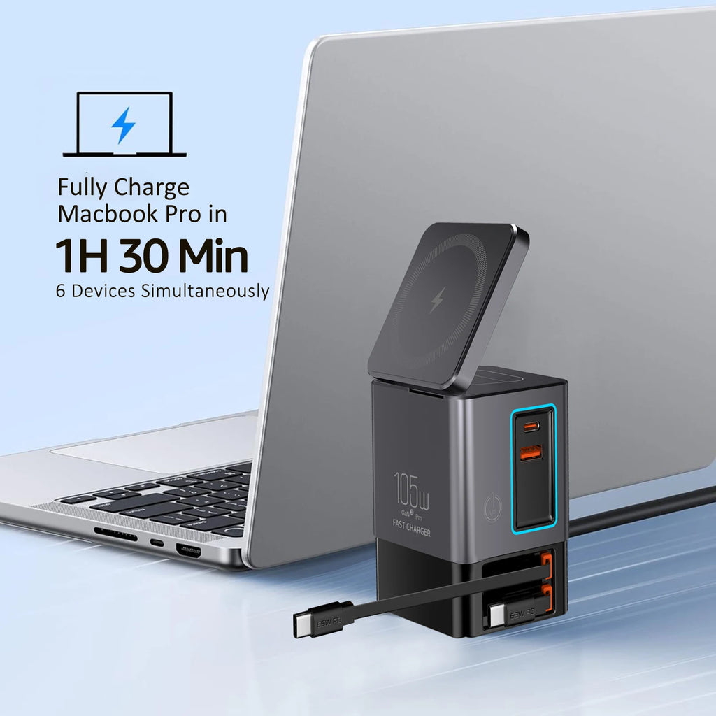 6-in-1 Charging Station with Retractable USB-C Cable Power Combo Tower 105W for Multiple Devices Fast Charger for iPhone Airpod