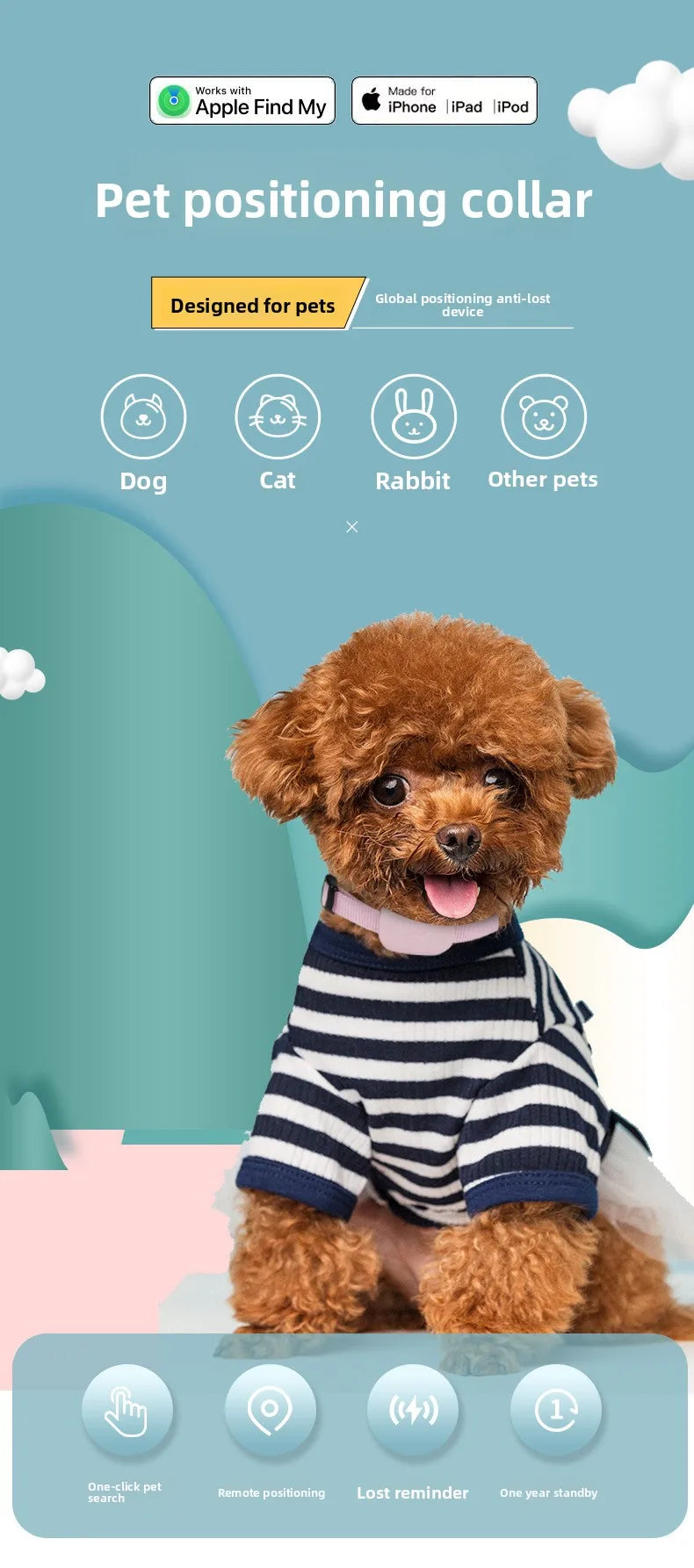 Pet Tracker GPS Waterproof Dog Cat Finder with Real-Time Tracking Anti-Lost Alarm Smart APP Notification Locator Collar for Pets