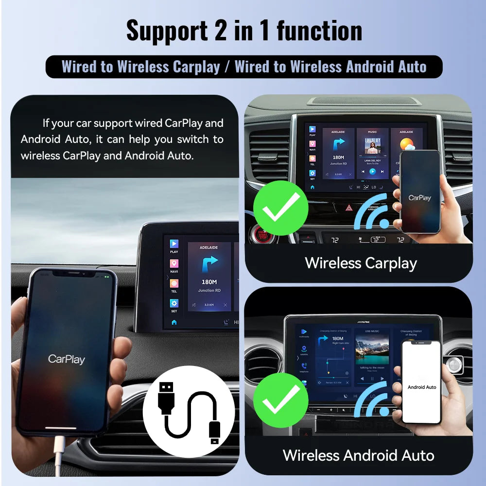 Wired to Wireless CarPlay&Android Auto 2in1 Mini Adapter USB 5GHz WiFi Suitable for 99% of original wired carplay/auto cars