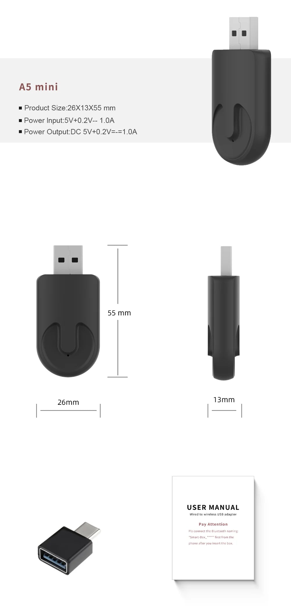 Wired to Wireless CarPlay&Android Auto 2in1 Mini Adapter USB 5GHz WiFi Suitable for 99% of original wired carplay/auto cars
