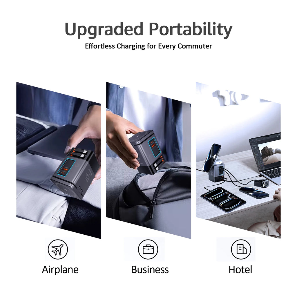 6-in-1 Charging Station with Retractable USB-C Cable Power Combo Tower 105W for Multiple Devices Fast Charger for iPhone Airpod
