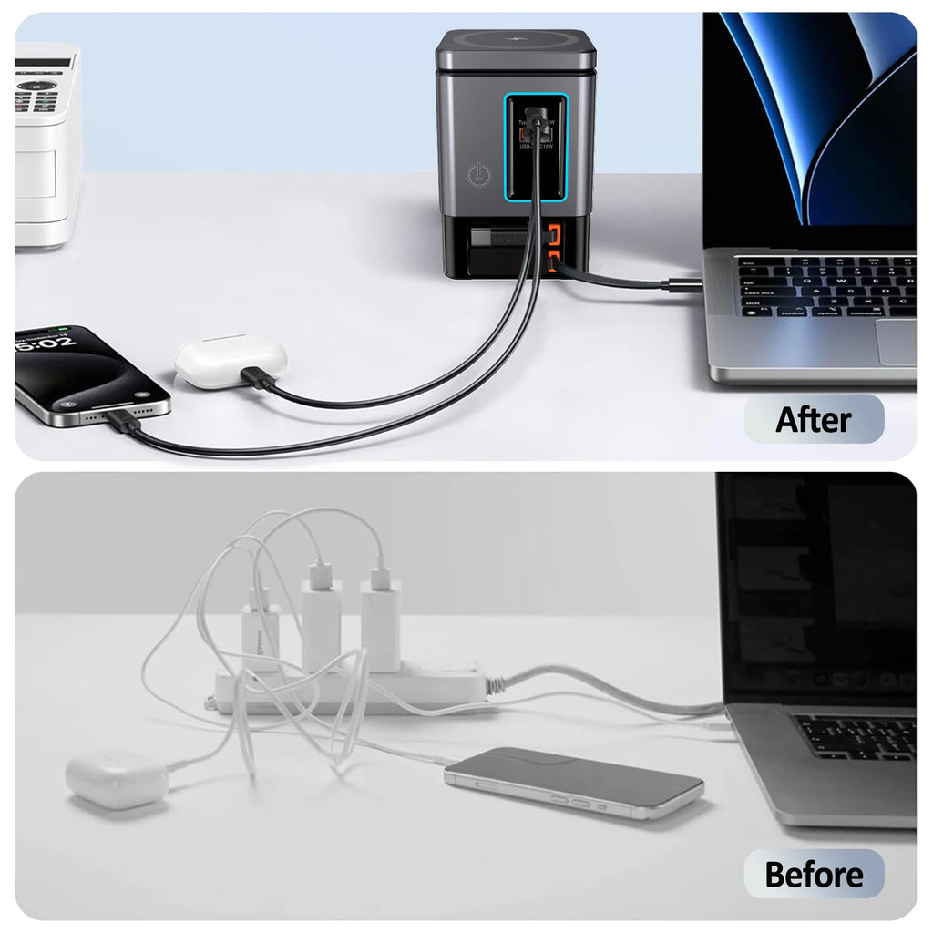 6-in-1 Charging Station with Retractable USB-C Cable Power Combo Tower 105W for Multiple Devices Fast Charger for iPhone Airpod