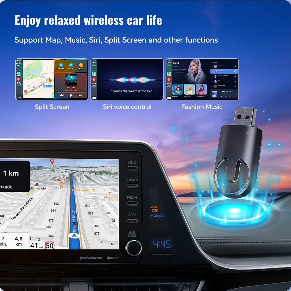 Wired to Wireless CarPlay&Android Auto 2in1 Mini Adapter USB 5GHz WiFi Suitable for 99% of original wired carplay/auto cars