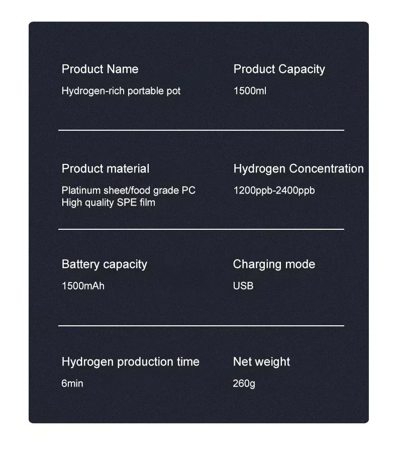 1.5L Hydrogen Rich Portable Sports Water Bottle Rich Molecular Hydrogen Water  kettle