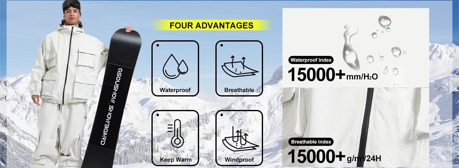 GSOU SNOW New Ski Jacket Loose Warm Windproof Snow Garment Waterproof Wear Resistant Skiing Clothing Winter Outdoor Sports Tops