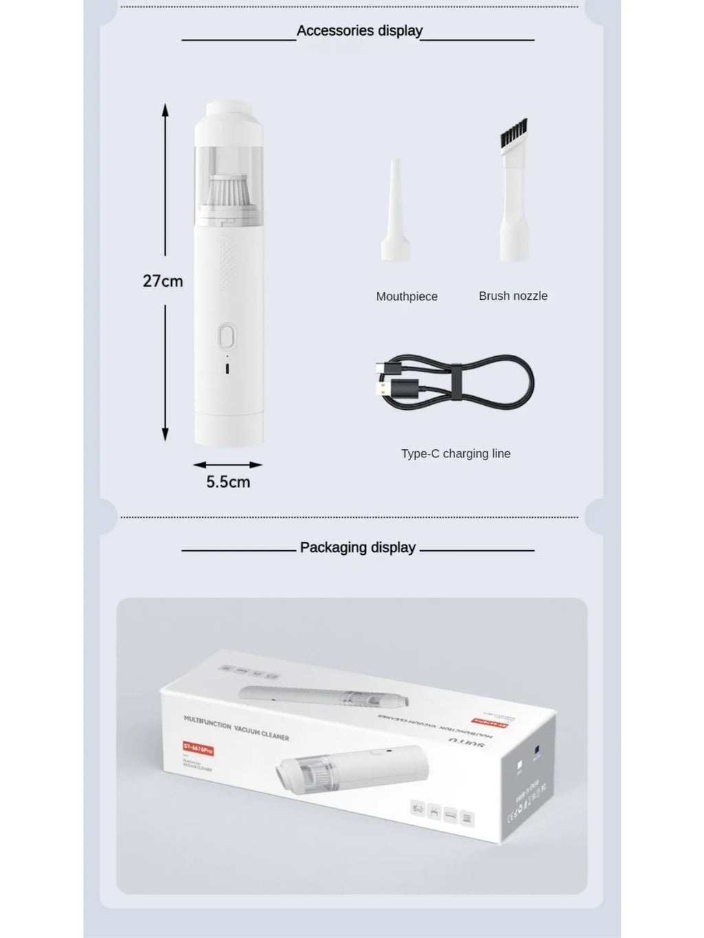 Portable Car Vacuum Cleaner: Mini Handheld Cordless Cleaner with Blower Function, Powerful Suction, and Brushless Motor
